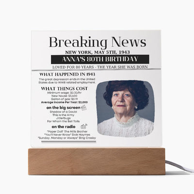 Personalized 80th Birthday Newspaper Night Light Sign, 80th Birthday Gift for Mom or Dad, Grandma Grandpa Birthday Gift