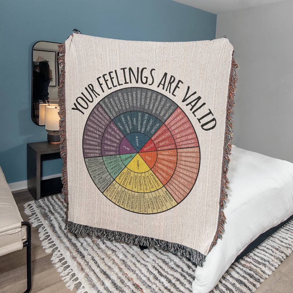 Your Feelings Are Valid Woven Blanket, Wheel Of Emotions Throw Blanket Couch, Mental Health Gifts for Her, Motivational Gift for Best Friend