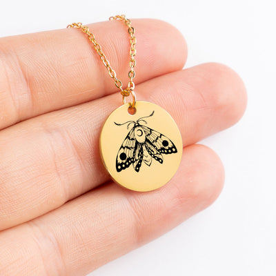 Custom MOTH Necklace, Personalized Moth Pendant, Dainty Moon Moth Disc, Charm Butterfly Jewelry, Mystical Moth Coin, Animal Pendant