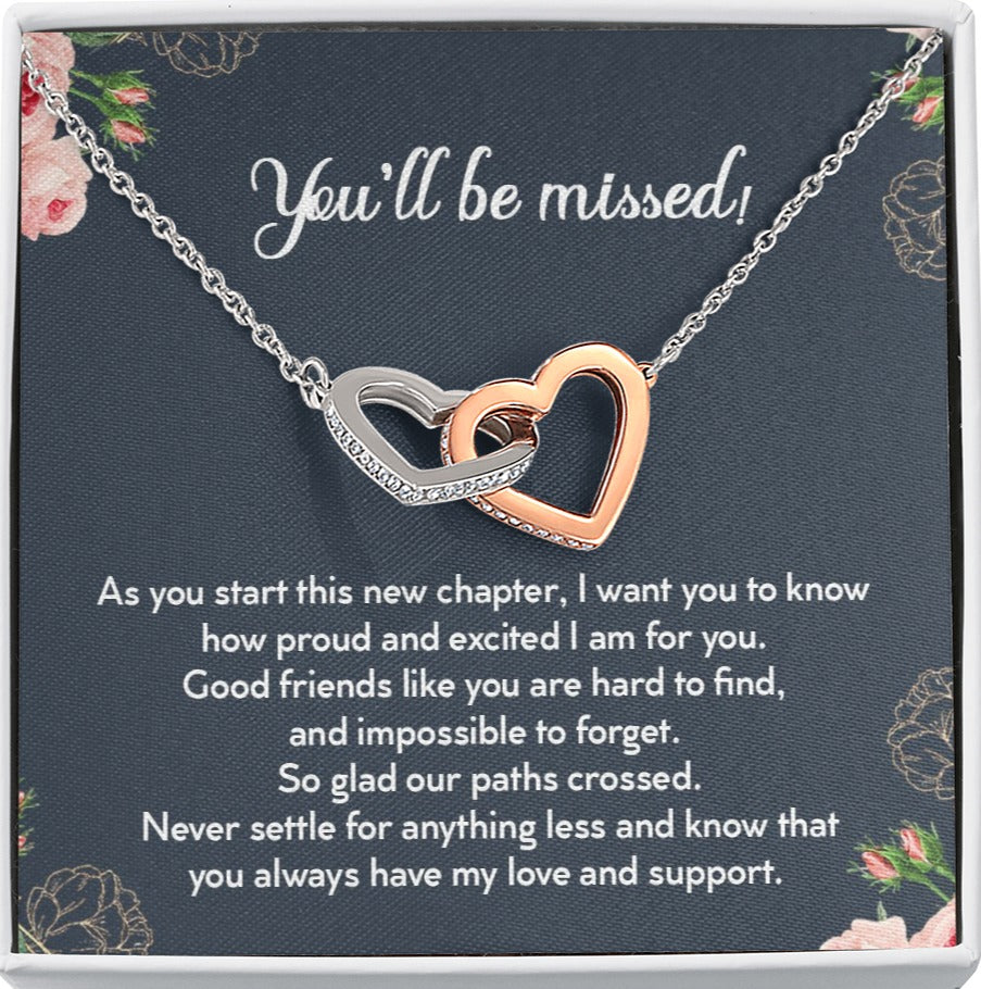 You'll Be Missed You Are Hard to Find And Impossible To Forget Interlocking Hearts Necklace | Farewell Gift for Coworker |  New Job Gift |  Fresh Start Gift for Coworker