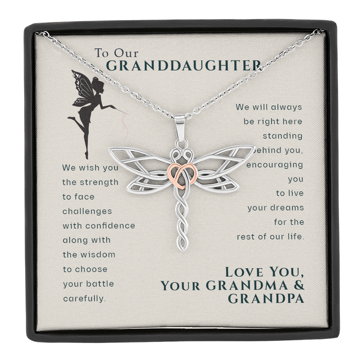 To Our Granddaughter, Live Your Dreams Dragonfly Necklace | Gift From Your Grandma & Grandpa Necklace
