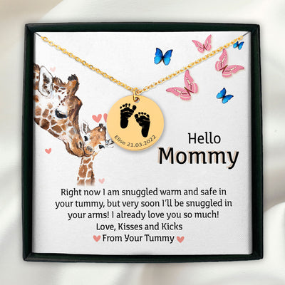 Personalized Hello Mommy Baby Feet Pendant | Pregnancy Gift for Mommy | Gift for Mommy from Baby Bump | First Time Mom Necklace