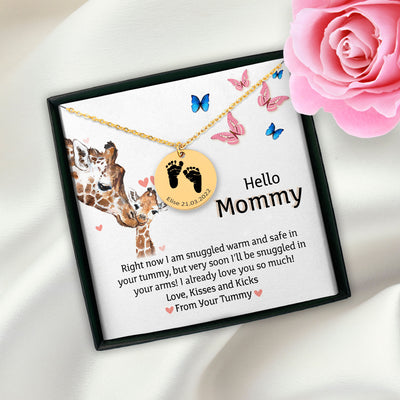Personalized Hello Mommy Baby Feet Pendant | Pregnancy Gift for Mommy | Gift for Mommy from Baby Bump | First Time Mom Necklace