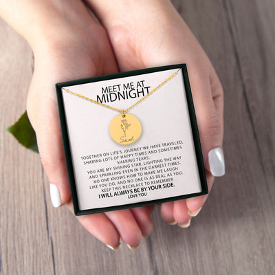 Personalized Meet Me At Midnight Birth Flower Necklace | Custom Engraved Birth Month Pendant Gift for Best Friend | Sister Birthday Gifts